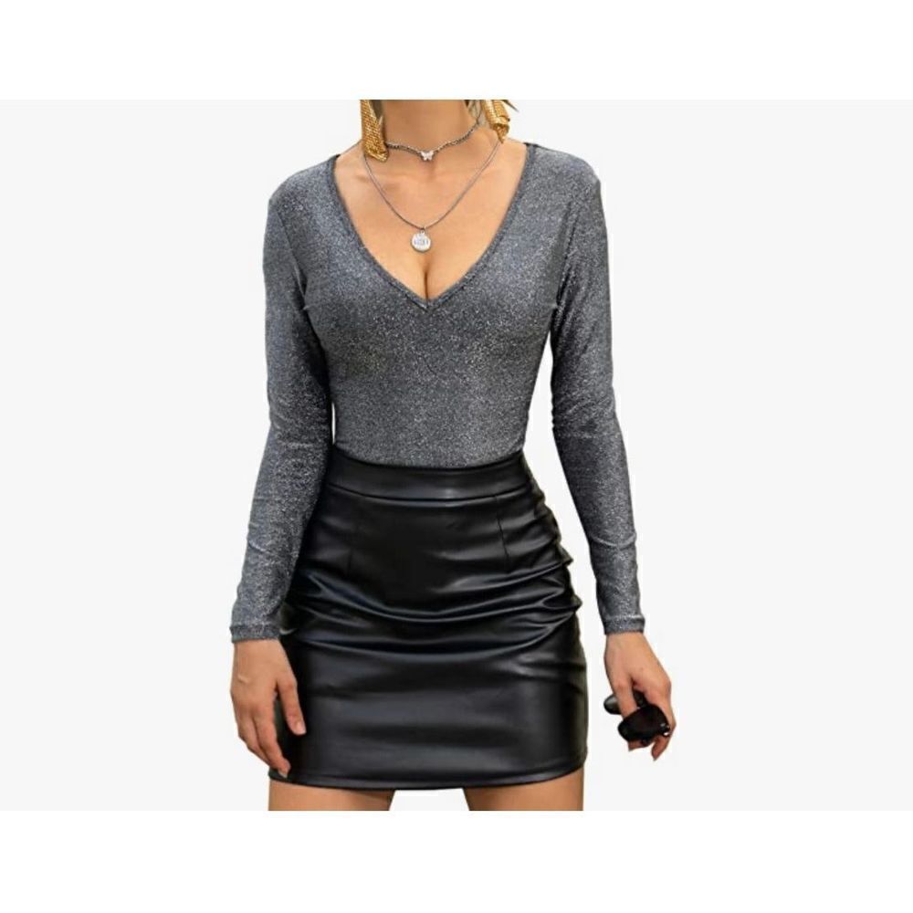 NWT Womens BelleLovin Metallic Silver Gunmetal Long Sleeve Bodysuit - Sz L
